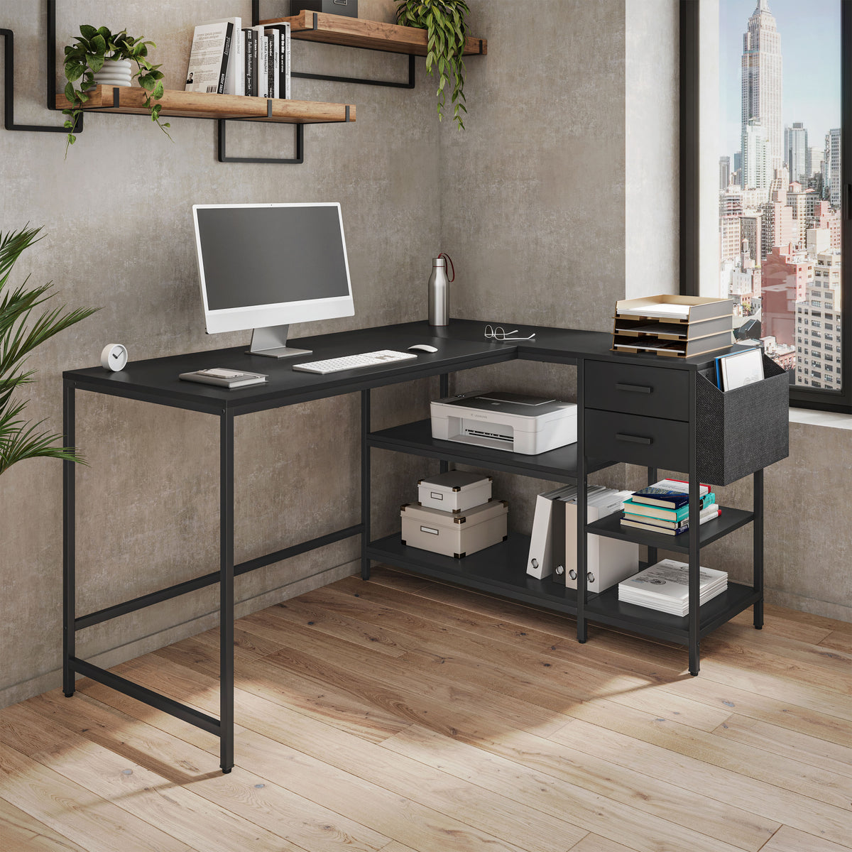Modern L-Shaped Desk with Storage. Corner Computer Desk with Shelves, Drawers & Fabric Organizer for Home or Office, Black