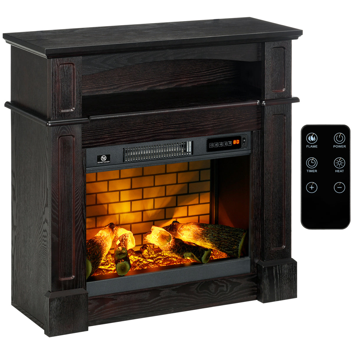 32' Electric Fireplace with Mantel, Freestanding Heater with LED Log Flame, Shelf and Remote Control, 700W/1400W, Brown