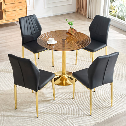 Table and chair set.35 inch diameter, light luxury brown ring glass round table.Paired with 4 Black PU Chairs with golden legs.37 inches High: Ergonomic PU Backrest with Shell - shaped.