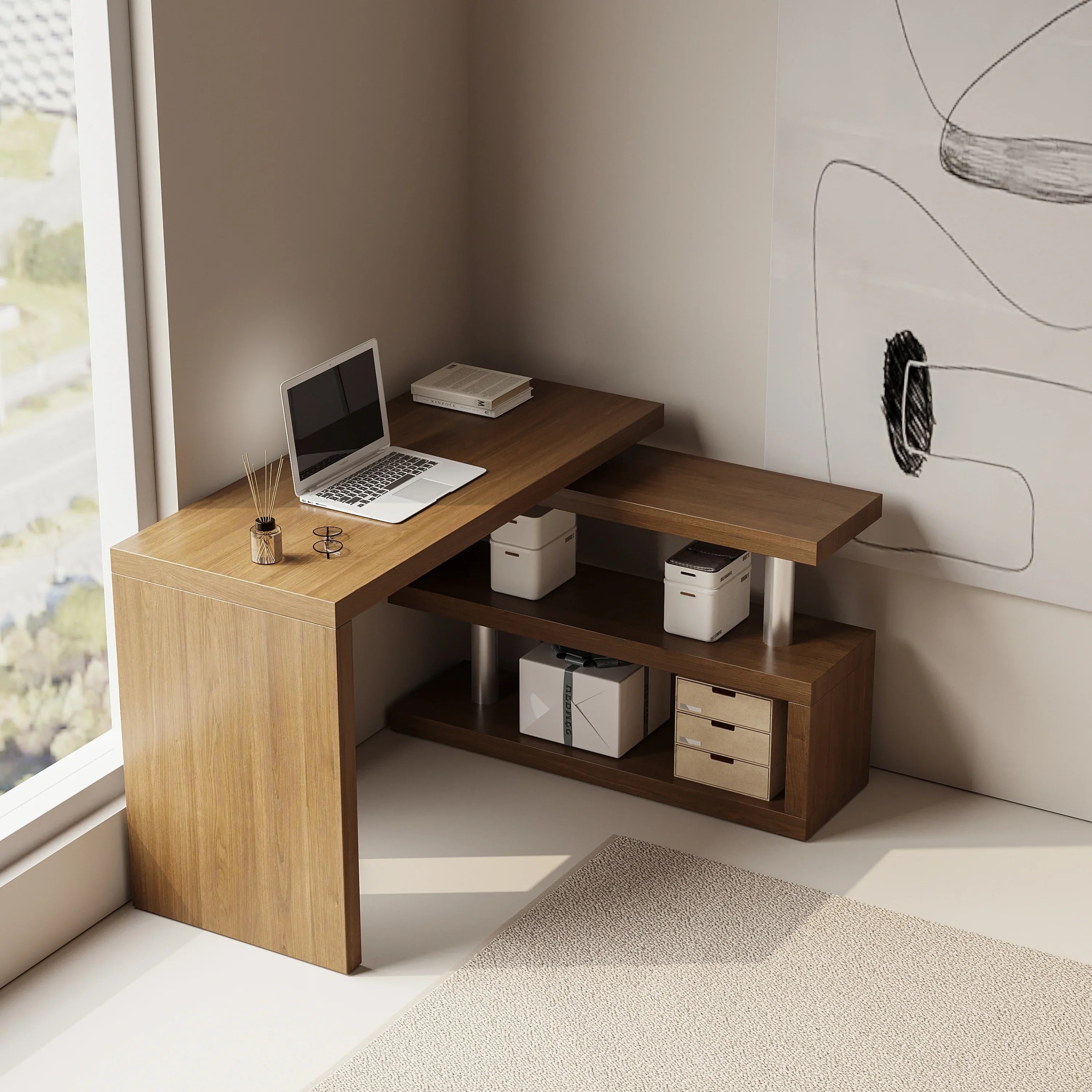 Modern 47'L Swivel Top Desk-Walnut - Eloy Royal