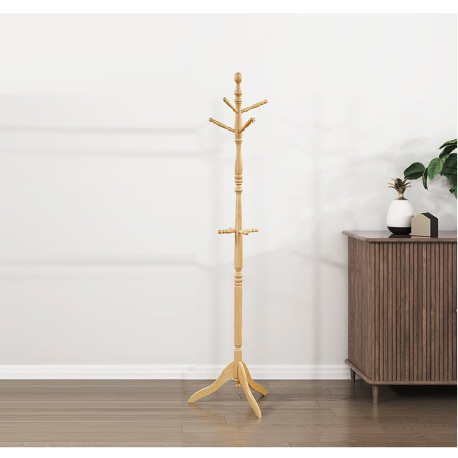 Natural Finish Classic Coat Rack Solid Wood, 10 Hooks Coat Hanger Stand Entryway Home Furniture 1pc