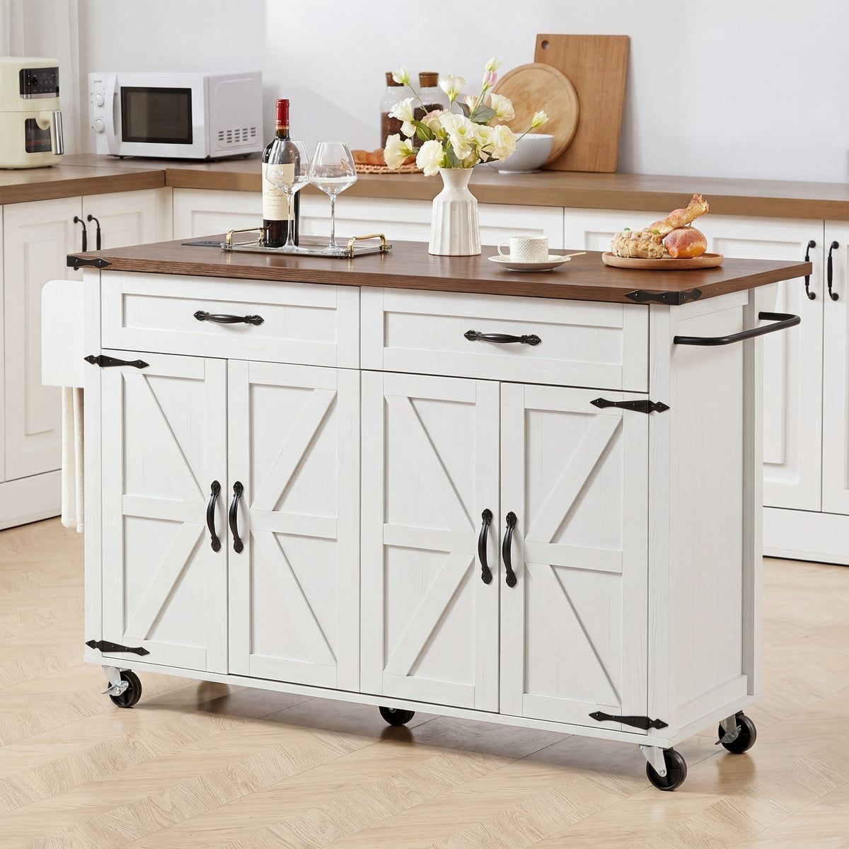 K&K 53.5''Farmhouse Kitchen Island with Power Outlet, Kitchen Storage Island with Drop Leaf, Spice Rack and Drawer, Rolling Kitchen Cart on Wheels, for Home, Kitchen and Dining Room, White