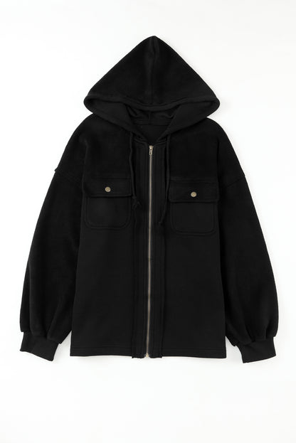 Black Bishop Sleeve Zip Up Hoodie Jacket with Flap Pockets - Eloy Royal