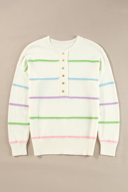 Pink Rainbow Striped Drop Sleeve Henley Sweater