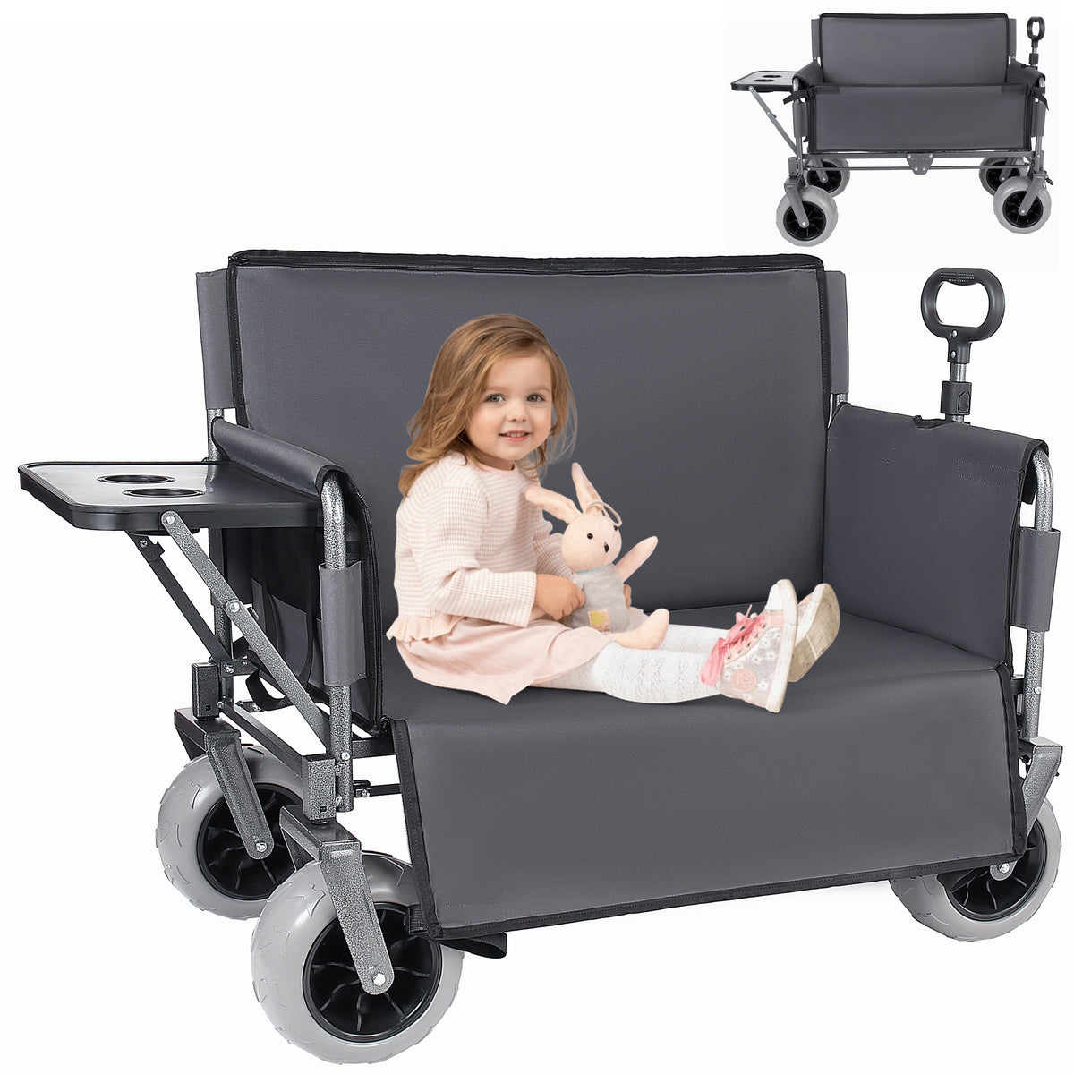 3-in-1 Collapsible Wagon Converts to Bench Convertible Folding Wagon Cart with Rear-Mounted Folding Tabletop, 500lbs Heavy-Duty, 180L Capacity for Camping, Beach, Garden, Fishing-Gray