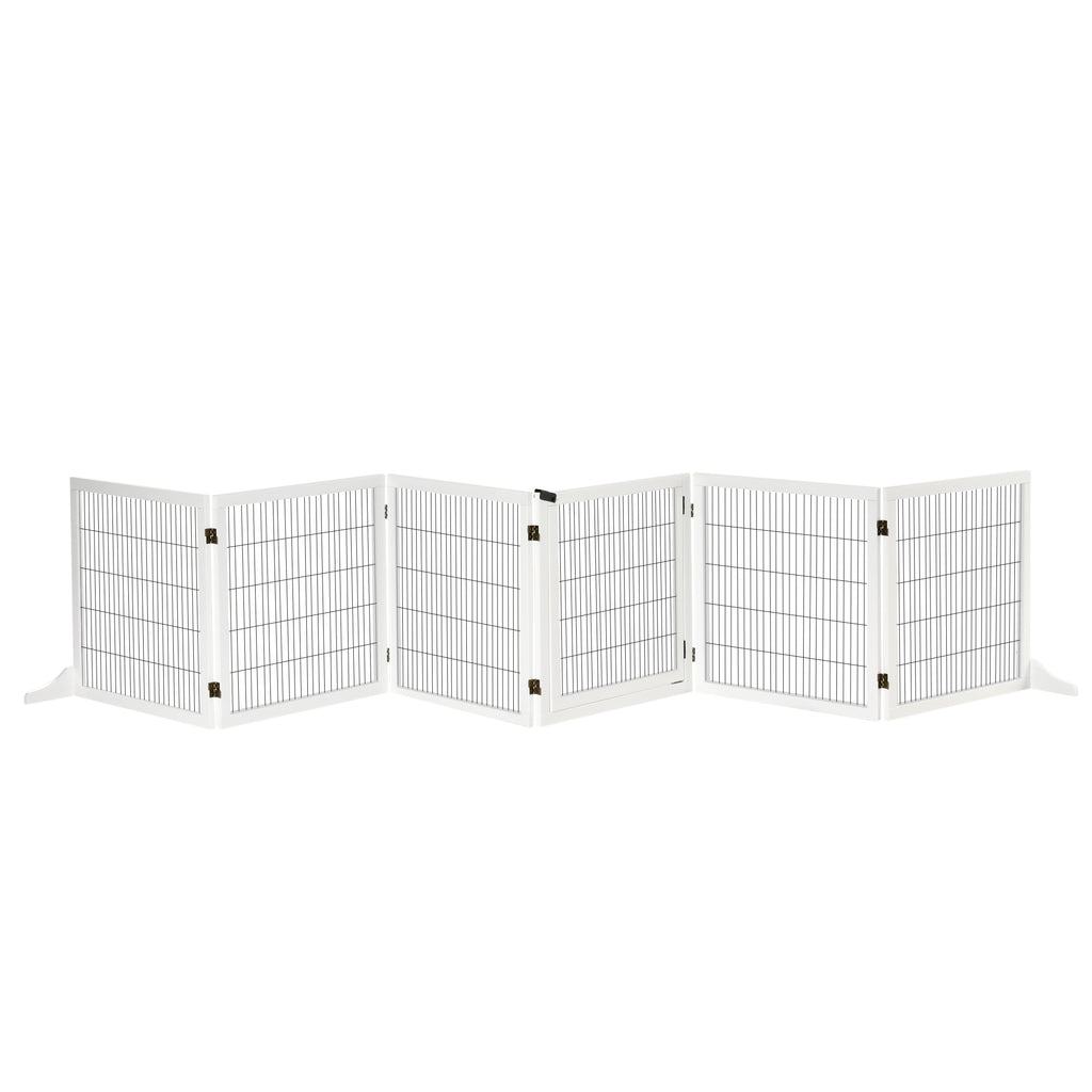 PawHut Wooden Dog Gate, 170' Freestanding Pet Gate, 6-Panel Foldable Dog Safety Barrier with 2 Support Feet for House Doorway Stairs, Small and Medium Dogs, White
