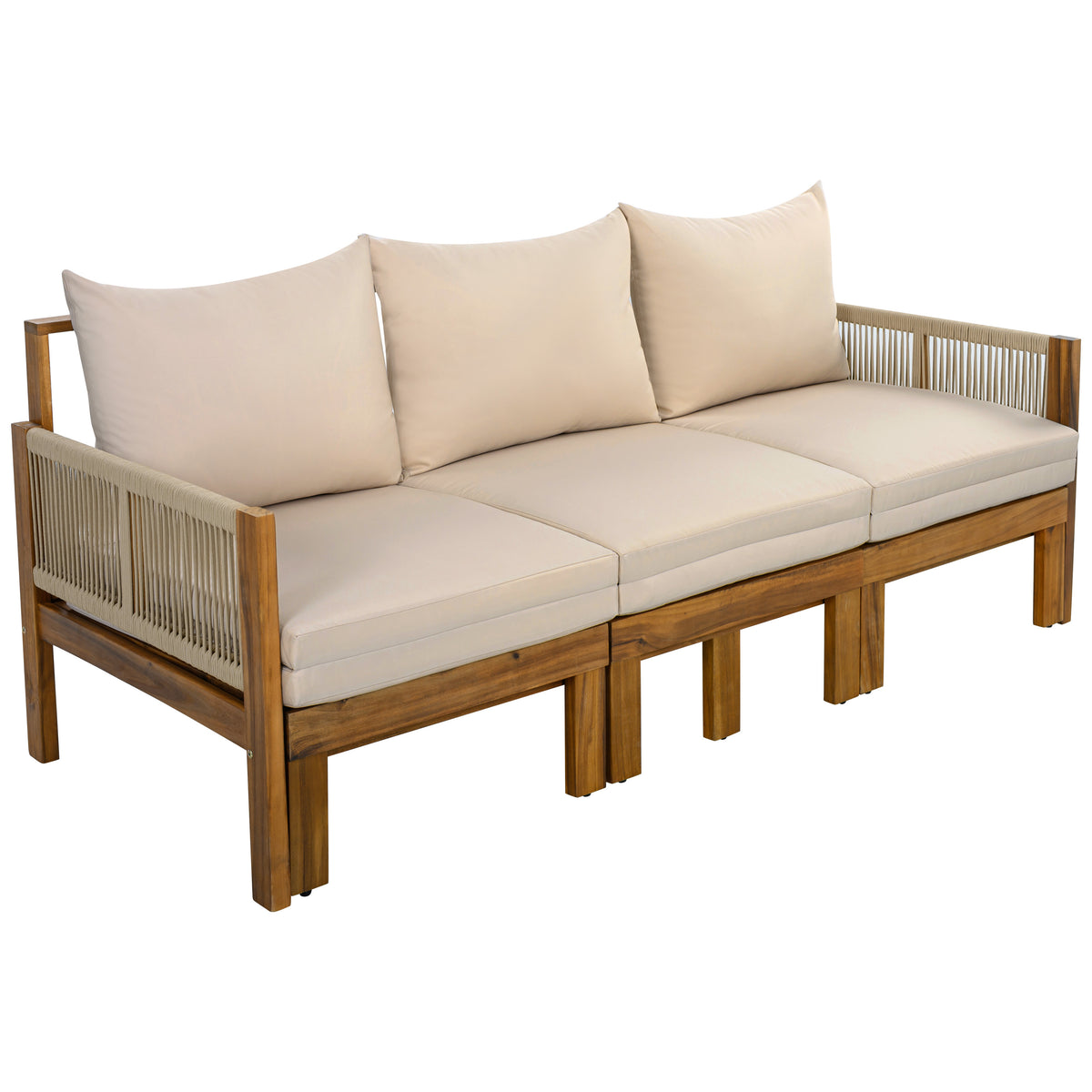 Outdoor Daybed Patio Sofa Bed 3 Seat Convertible Outdoor Couch with Natural Wood Frame and Brown Waterproof Cushions