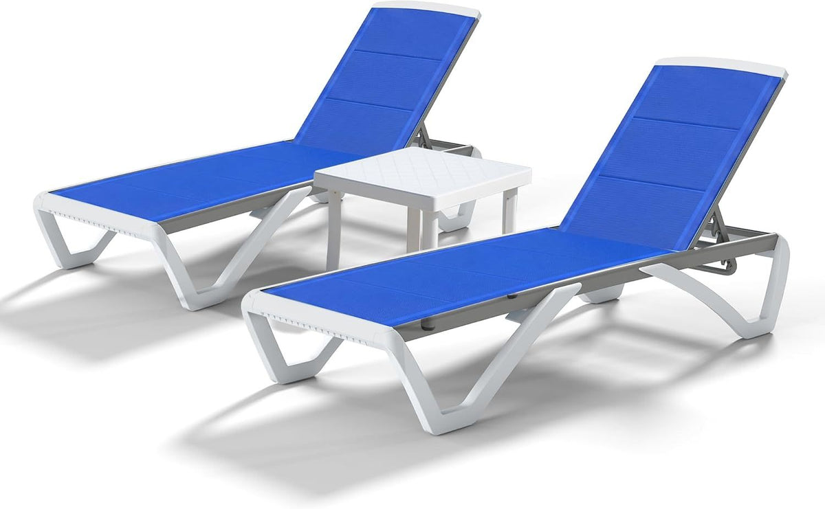 Patio Lounger Chair Outdoor, Pool Lounge Chairs Set of 2 with Table  Blue, Double-Layer Fabric
