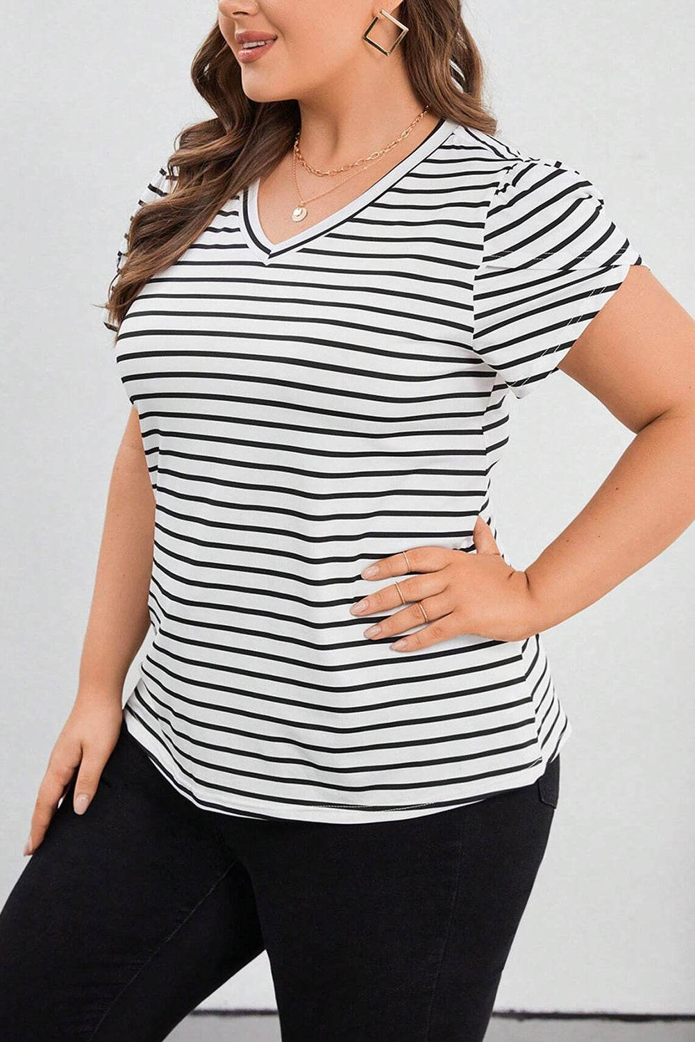 White Stripe V Neck Petal Sleeve Plus Size T-Shirt - Eloy Royal