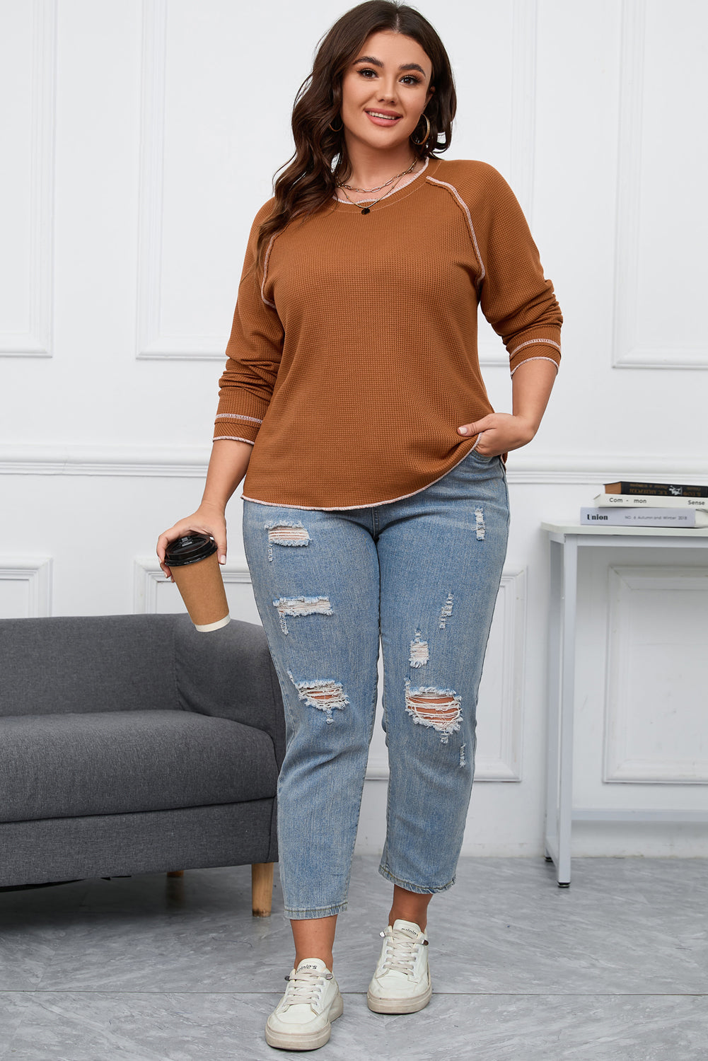 Chestnut Exposed Seam Detail Plus Size Textured Top - Eloy Royal