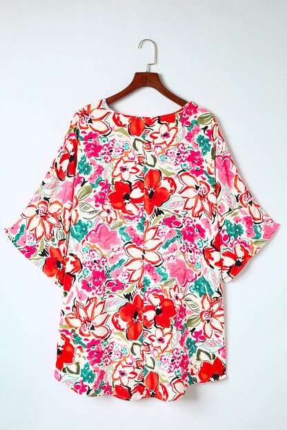 Rose Plus Size Floral Print Boho Kimono Sleeve Shirt - Eloy Royal