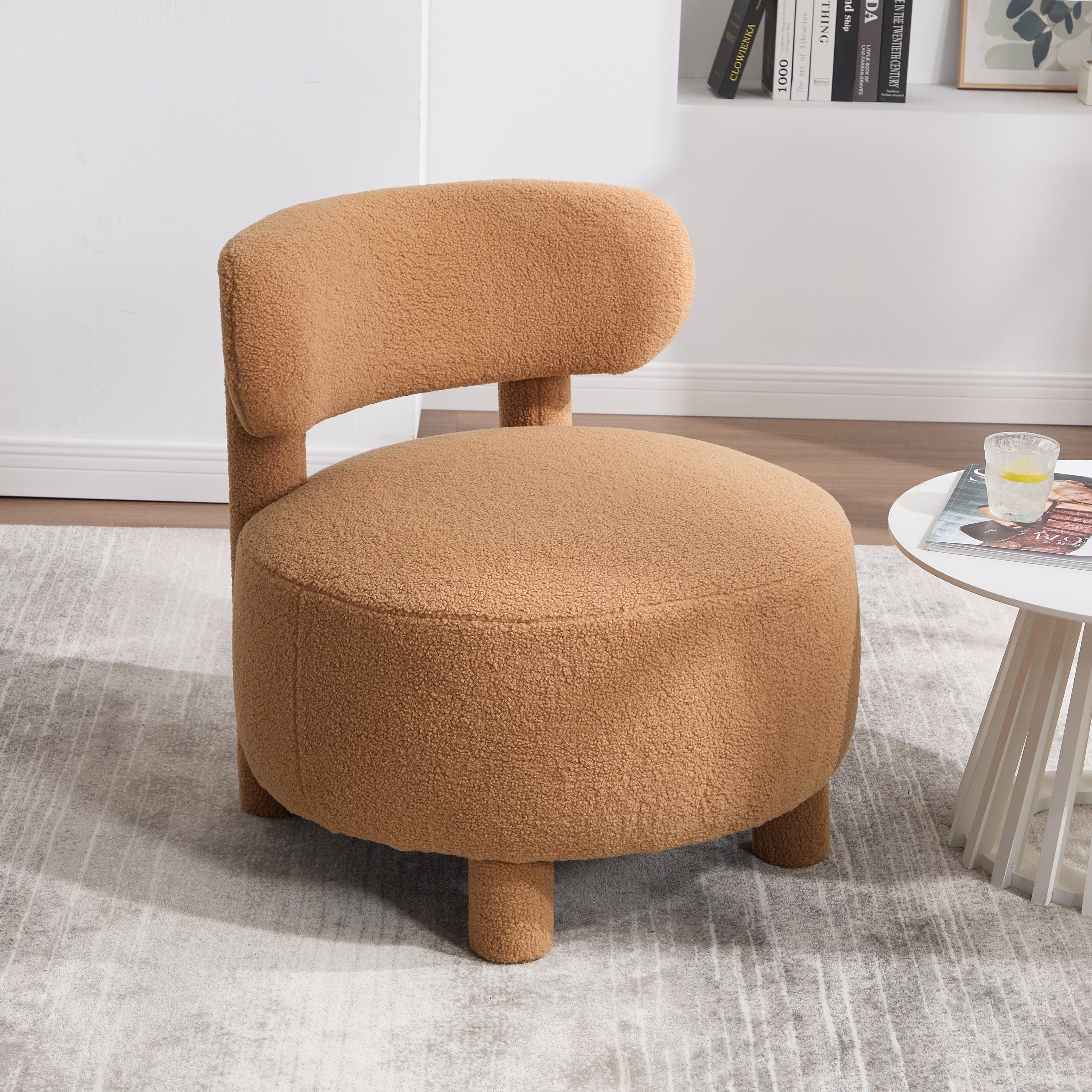 063-Teddy Fabric armless accent chair with curved backrest and solid wooden legs upholstered chair slipper side chair  for primary living space bedroom vanity room or reading room ,Khaki