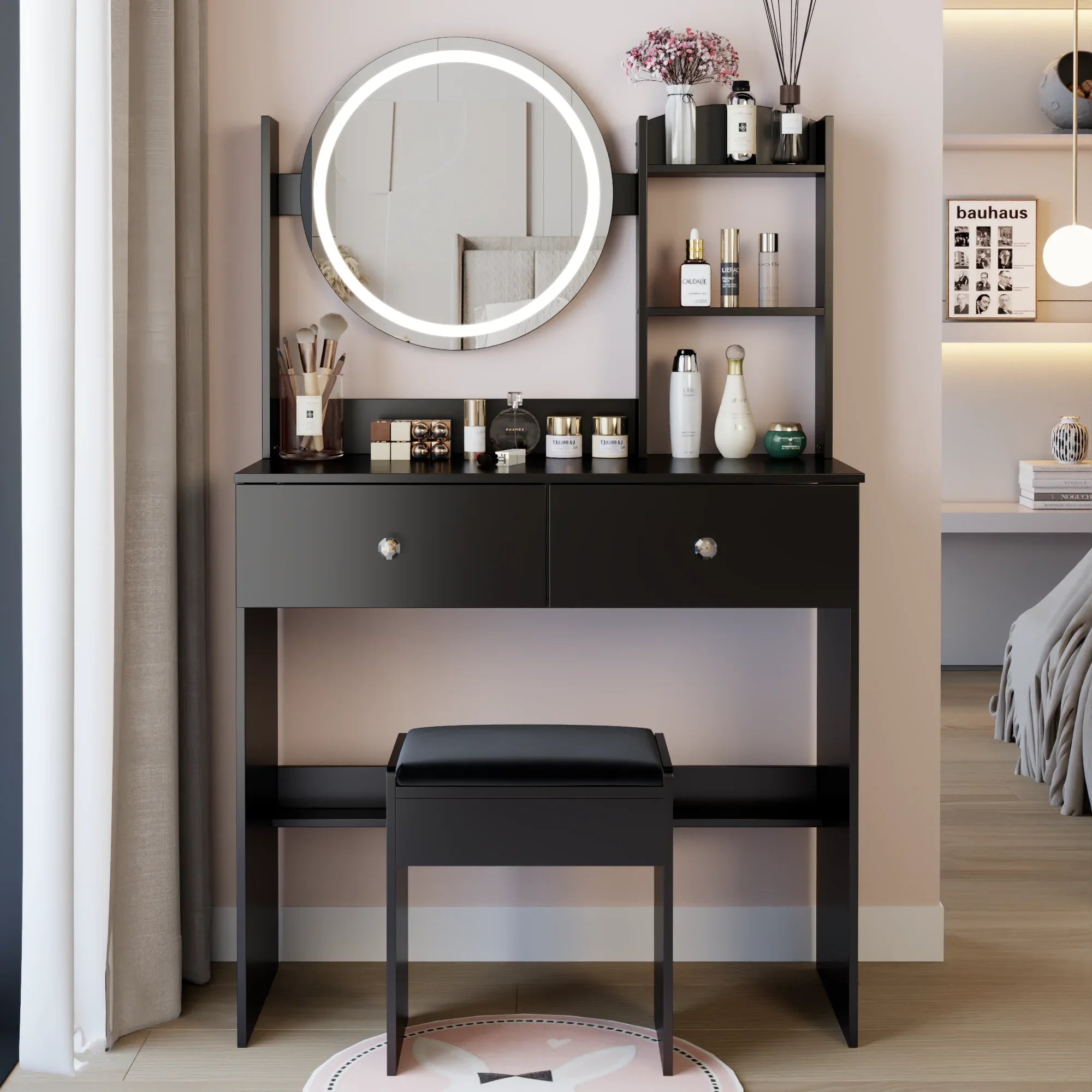 17' Round LED Mirror Vanity Table + Soft Cushion Stool Set, Large Mirror, Touch Switch, 3 colors, Adjustable Brightness, Large Desktop, Multi-layer High Capacity Storage, Suitable For Small Space - Eloy Royal