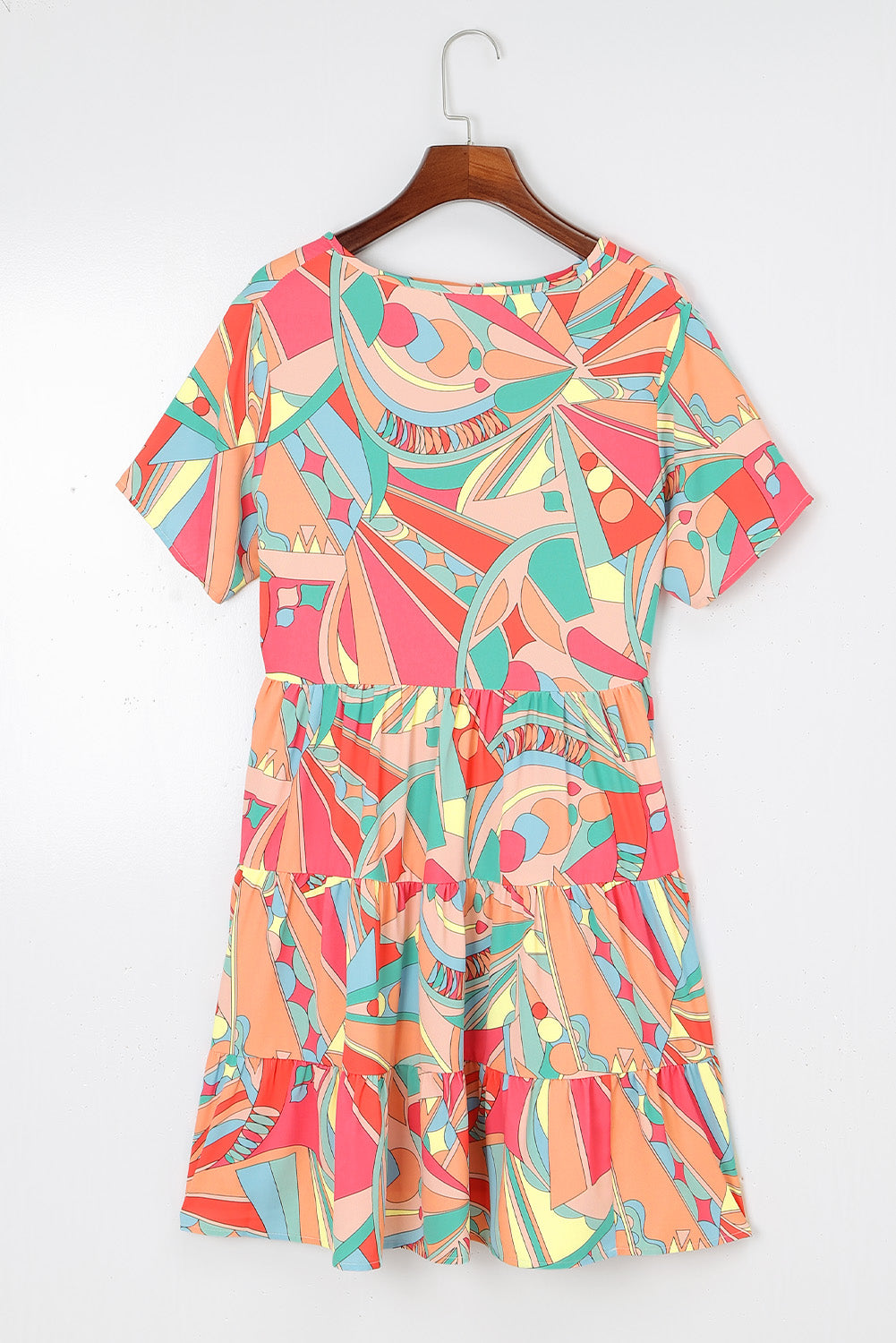 Multicolor Abstract Print Split V Neck Short Sleeve Tiered Dress - Eloy Royal