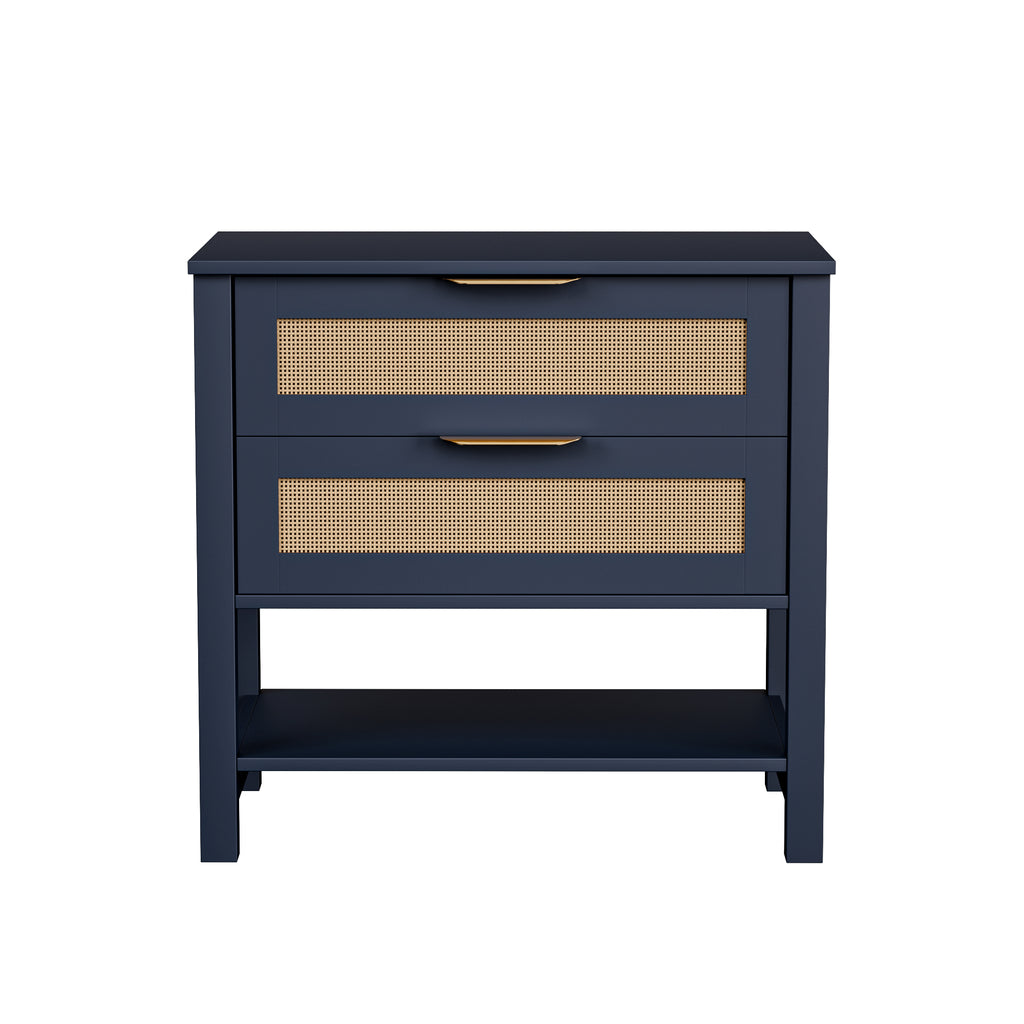 Rattan Nightstand with 2 Drawers and Storage Shelf Boho Bedside Narrow Side Table for Bedroom