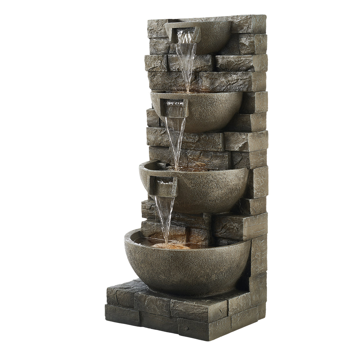 Outdoor Water Fountain, 35.63 in Height Fountain and Waterfall, 4-Tier Floor Standing Cascading Fountains with LED Light and Pump, Block Stack Style, for Outdoor Indoor Garden, Patio & Backyard