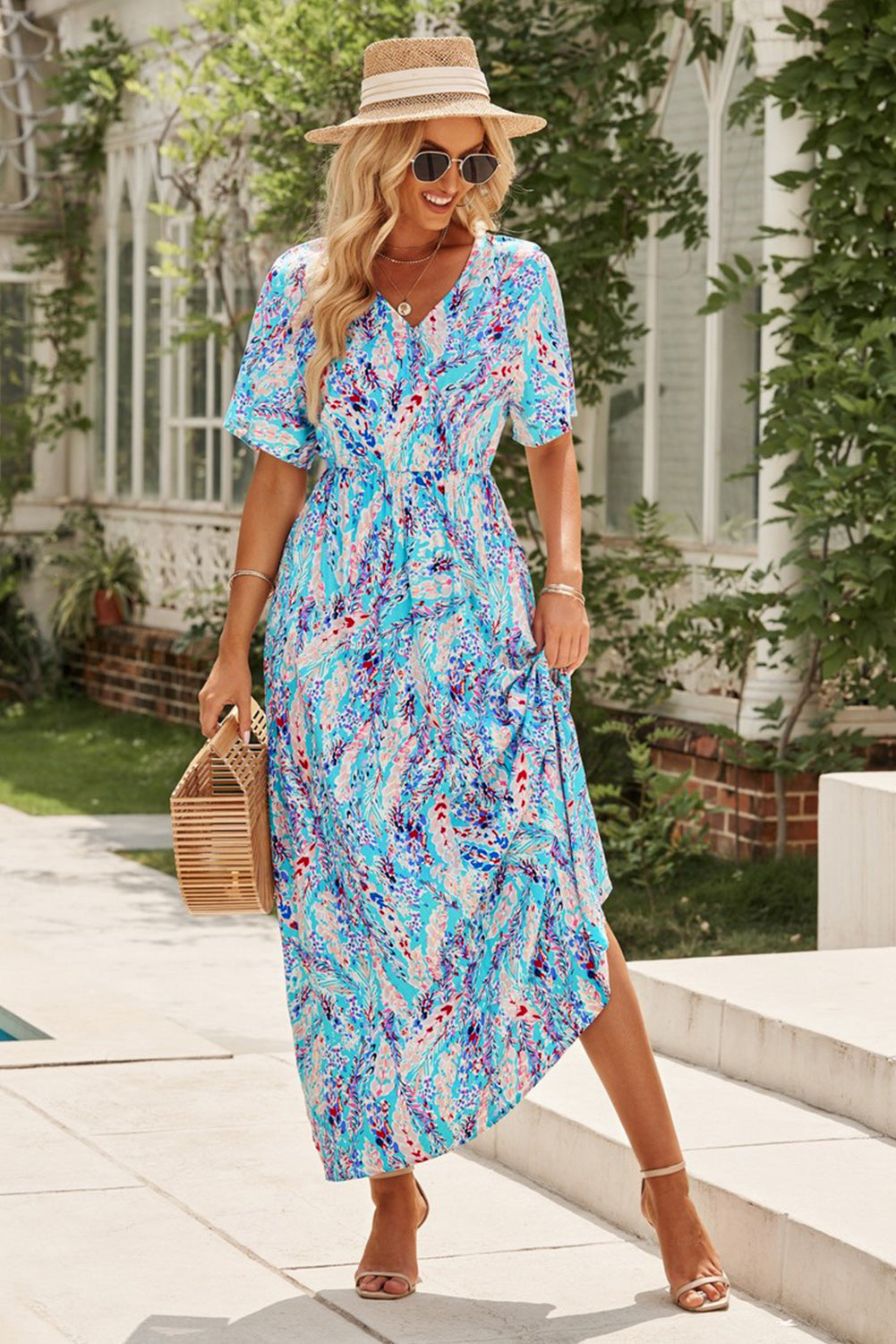 Wholesale Rose Boho Abstract Print V Neck Short Sleeve Maxi Wrap Dress - Eloy Royal