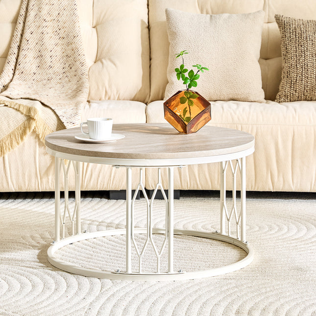Round MDF Coffee Table with Stone-Effect Texture, 27.5-inch Diameter. Round coffee table for the living room. Wabi-sabi style round coffee table featuring sturdy metal frame legs and easy assembly.