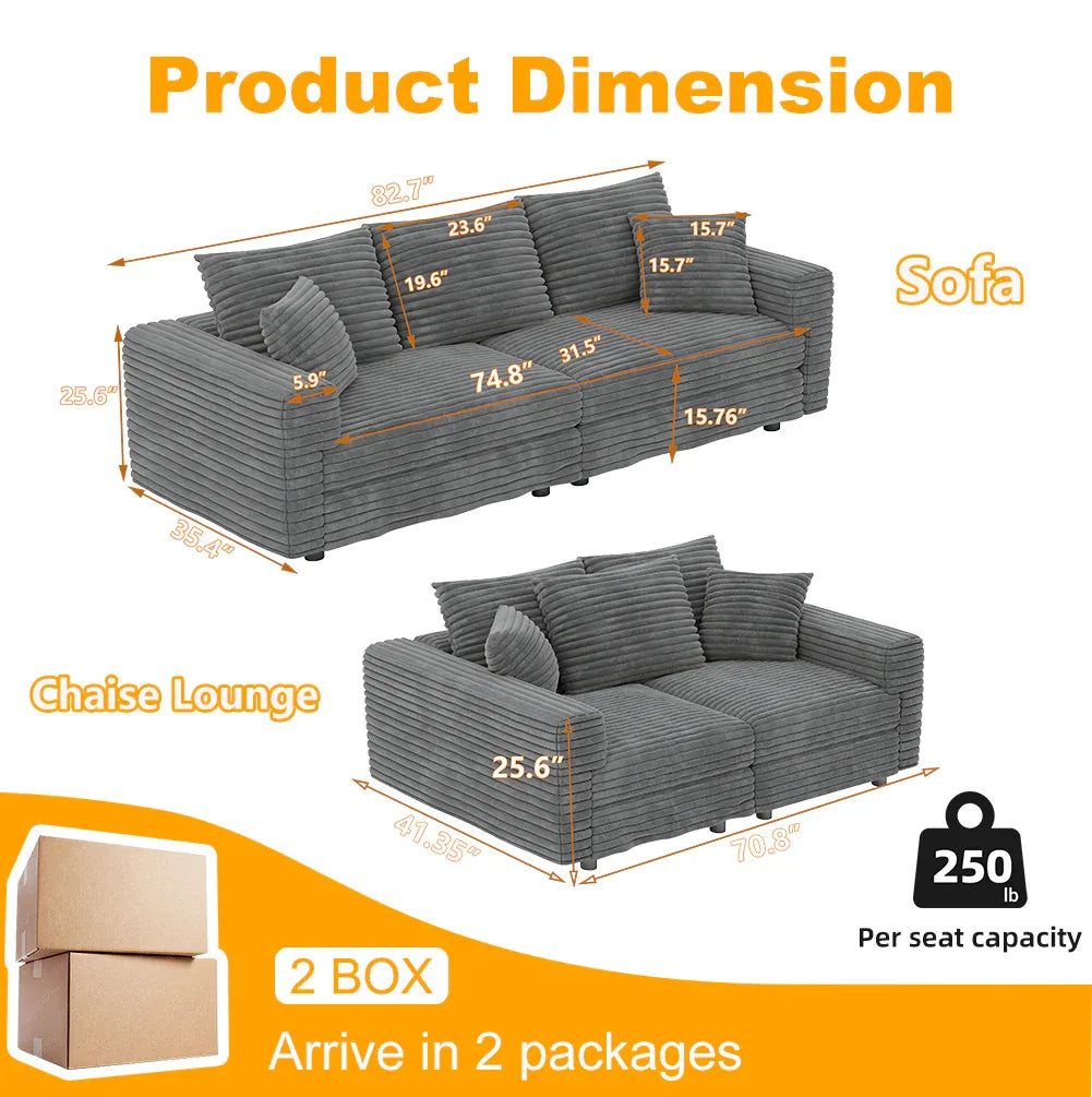 82.7 'Plush Corduroy 3-Seat Sofa,Modern Comfy Upholstered Sofa Cloud Couch,Deep Seat Couches with Soft Pillows and 2 Ottomans,Convertible Sofa Lounge Chair,for Living Room,Apartment,Office,Grey - Eloy Royal