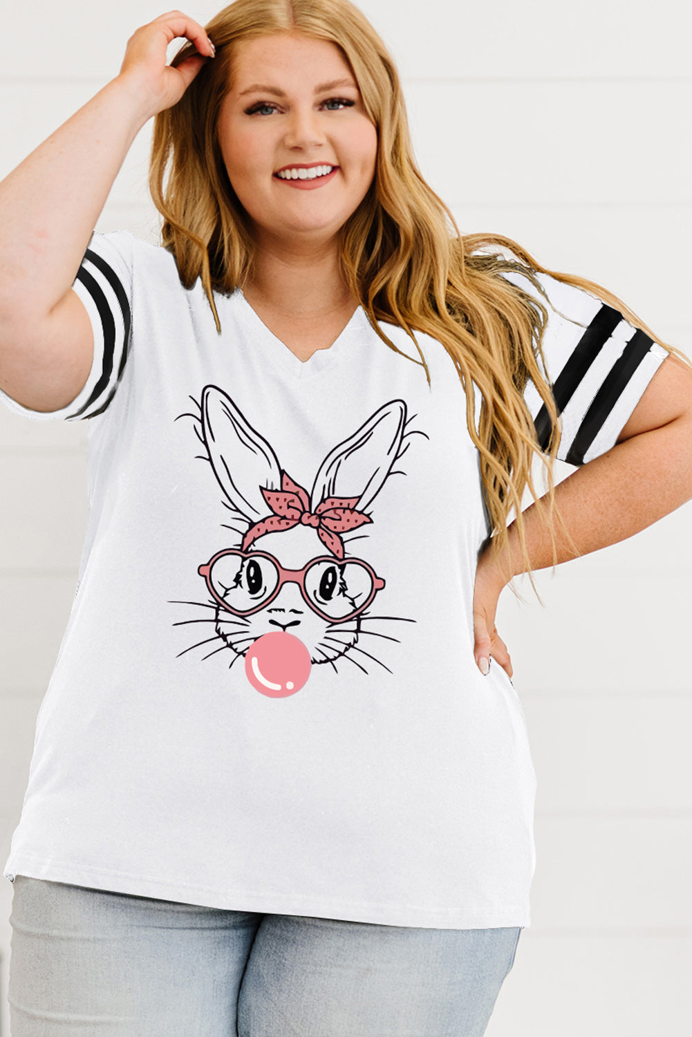 White Easter Bunny Varsity Striped Sleeve Plus Size Graphic Tee - Eloy Royal