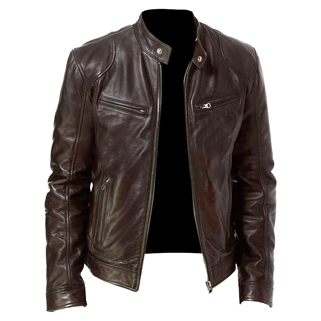 Men Faux Leather Zip Up Jacket Stand Collar Leather Motorcycle Jacket Lightweight Bomber Outwear PU Coat (LCoffee Color)