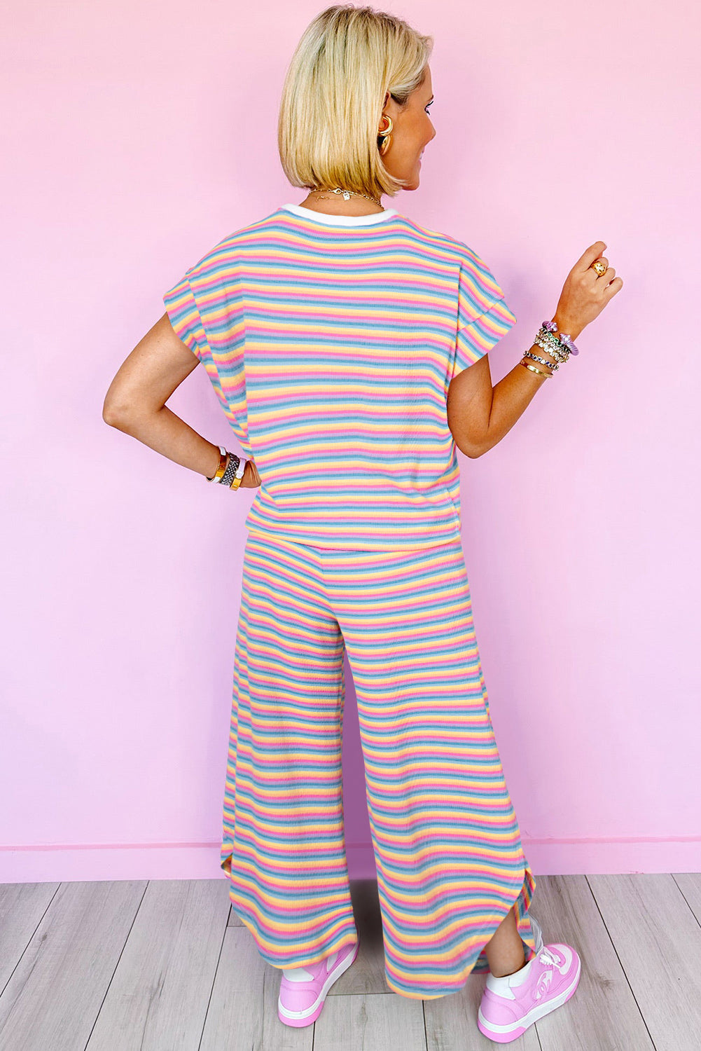 Pink Stripe Rainbow Tee and Tassel Drawstring Wide Leg Pants Set - Eloy Royal