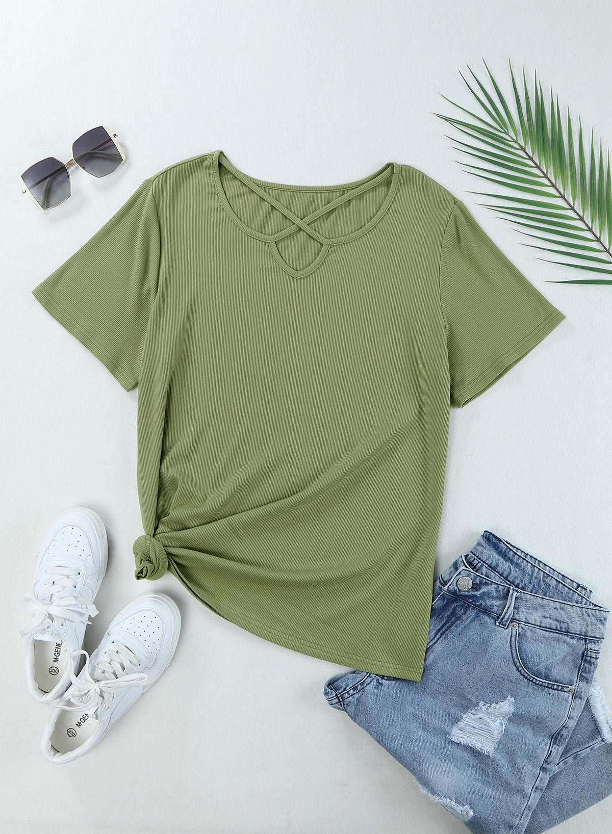 Army Green Casual Crisscross Ribbed Knit  Plus Size Tee