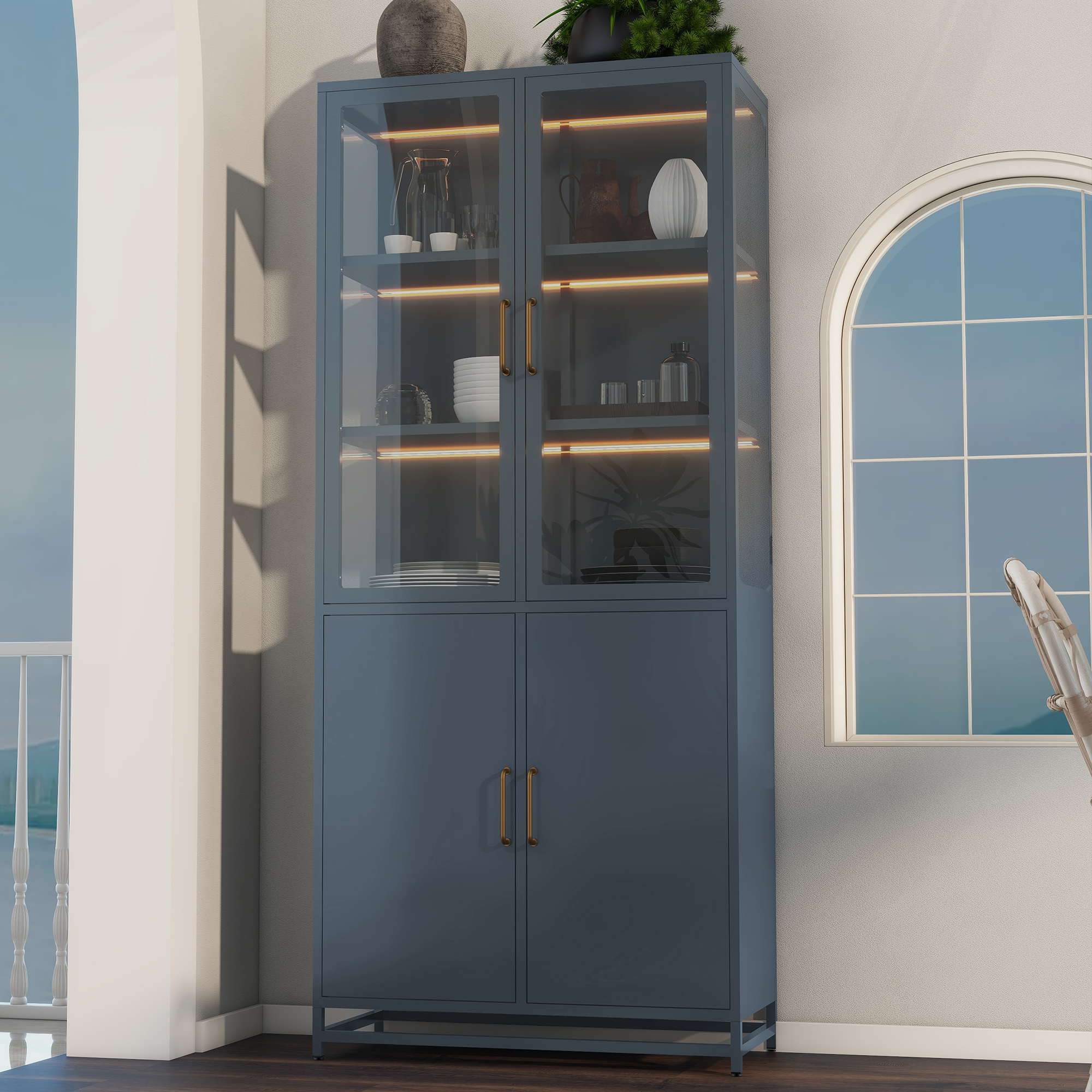 76.75'' Tall Display Cabinet, with Glass Doors and LED Lights, Steel Curio Cabinet with 3-Sided Glass, Pantry Cabinet with Storage for Hallways, Livingroom Kitchen Home Decor & Office - Dark Blue