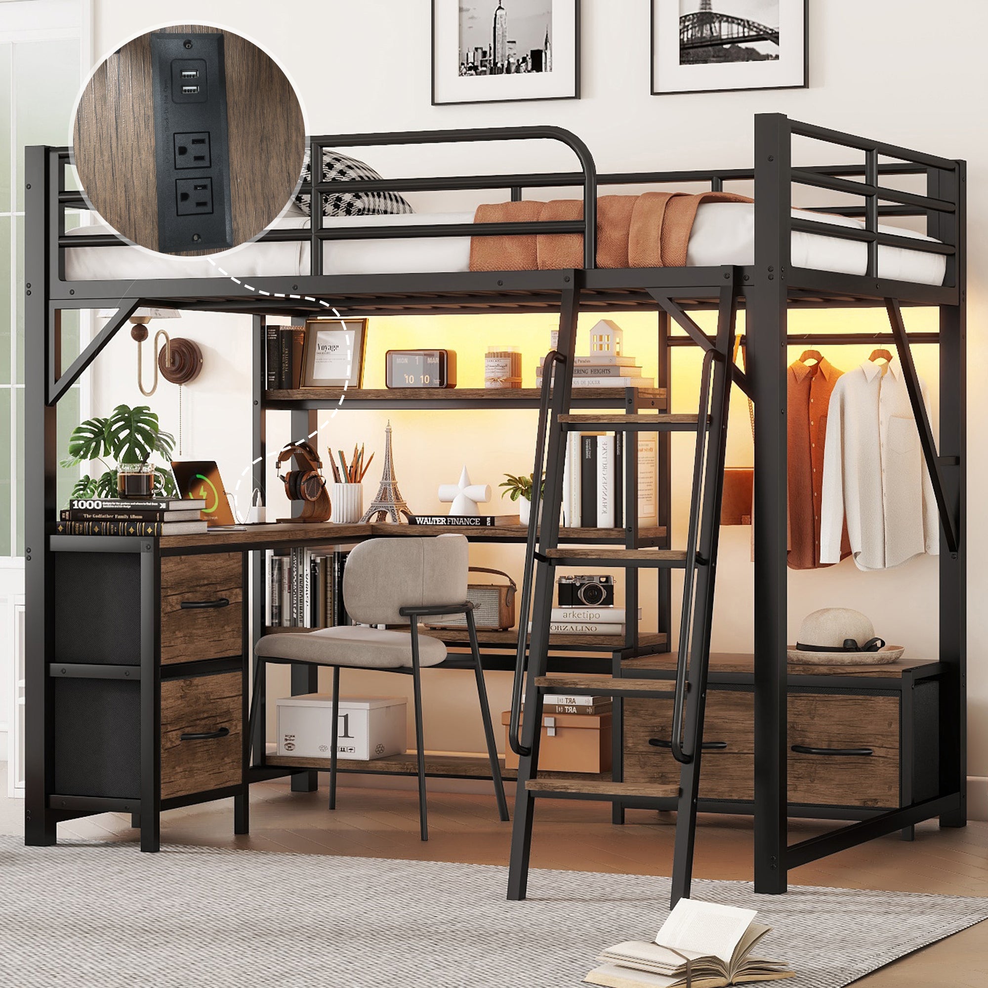 Full Size Loft Bed with Desk and Light, Metal Loft Bed with Storage Shelves, Wardrobe and Drawers for Boys Girls(Old SKU W2593S00032)