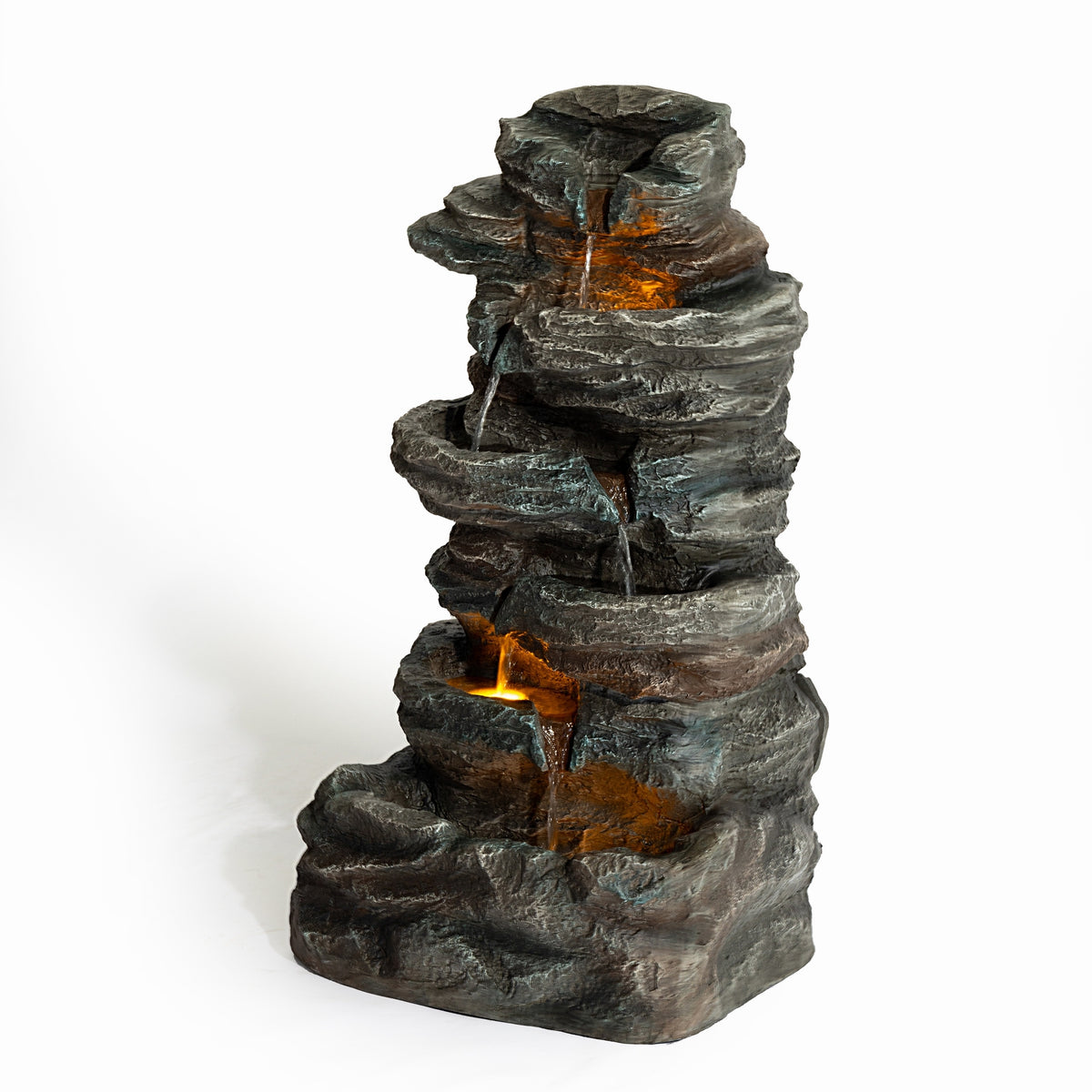 6-Tier Cascading Stone Water Fountain with LED Lights in Gray Resin, Freestanding Garden Decor for Patio, Yard, Deck, 19x14x35 inches