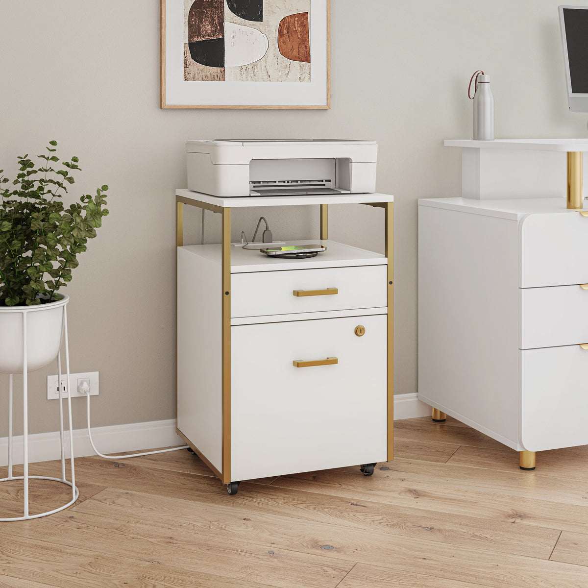 Modern Rolling 2-Drawer File Cabinet with Locking File Drawer, 2 USB Charging Ports & Power Outlet, and Locking Wheels, White & Gold