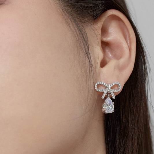 Silver S925 Pink Pear-shaped Water Drop Bow Design Niche Exquisite Fashion Sense Women's Earrings