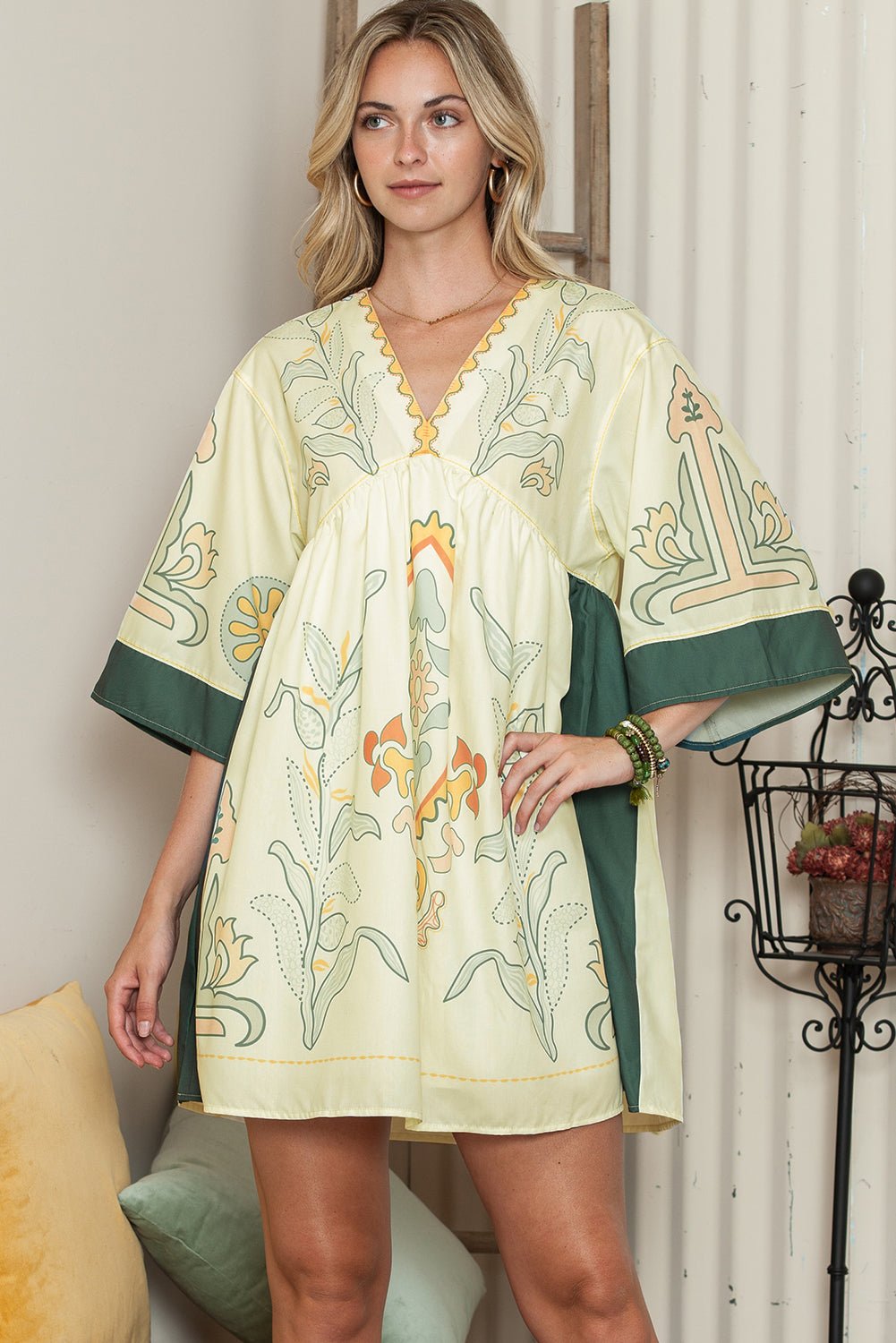 Multicolor Boho Floral V Neck Bell Sleeve Dress - Eloy Royal