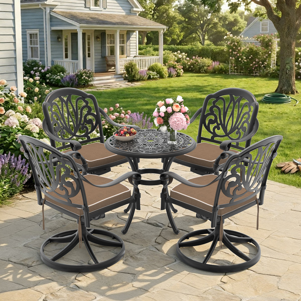 5-Piece All-Weather Cast Aluminum Dining Set, Include 4 Swivel Chairs and 26.77' Round Table With Black Frame