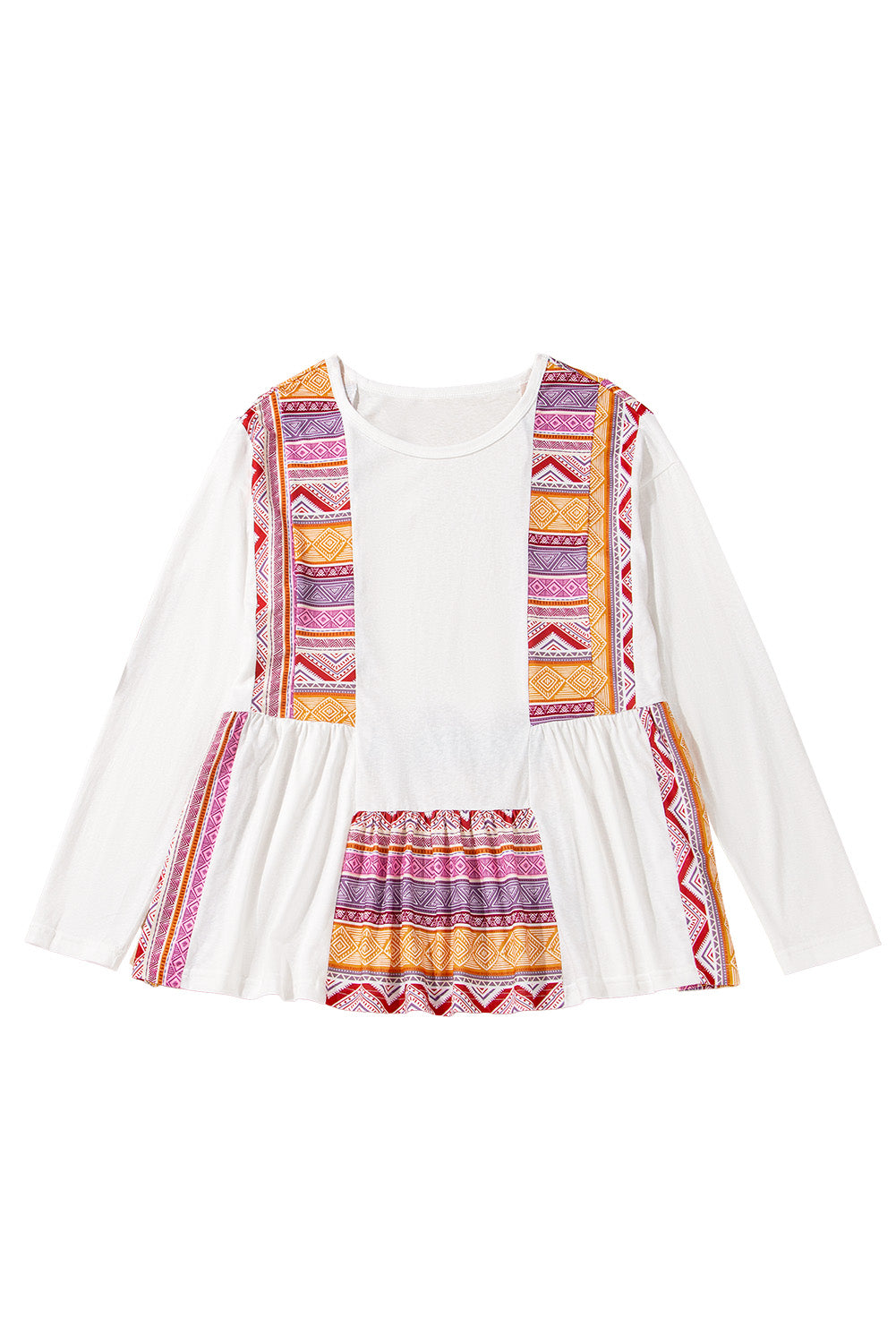 White Geometric Patchwork Long Sleeve Ruffle Babydoll Top