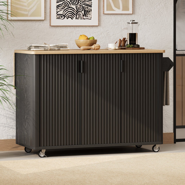 K&K 51' Fluted Kitchen Island with Drop Leaf, Farmhouse Accent Kitchen Island on Wheels with Internal Storage Rack, Rolling Kitchen Cart with Towel Rack for Kitchen, Dining Room, Black Ash