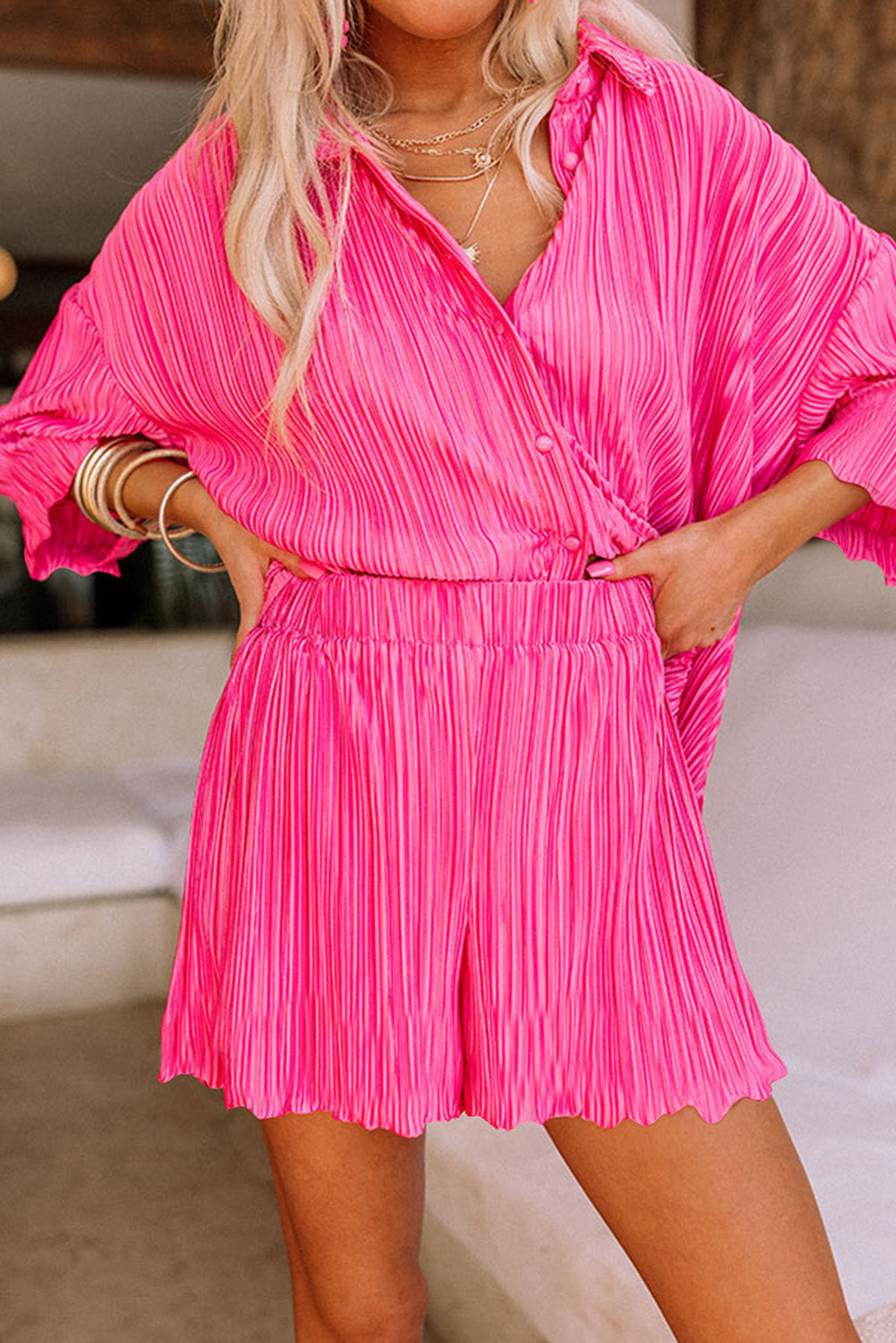 Rose Pleated Button Up Shirt and High Waisted Shorts Loungewear Set - Eloy Royal