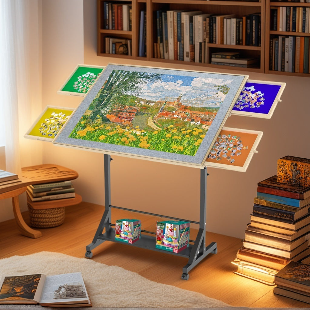 Wooden 1500 Pieces Puzzle Table with Drawer, 35'*27.17' Adjustable Puzzle Table, 360° Tilting Puzzle Table with Legs and Wheels, Adjustable Height and Angle, with Protective Cover