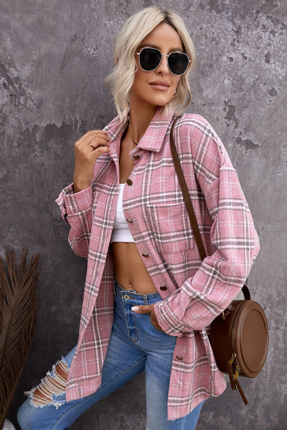 Wholesale Pink Plaid Casual Button Up Shirt Shacket with Slits - Eloy Royal