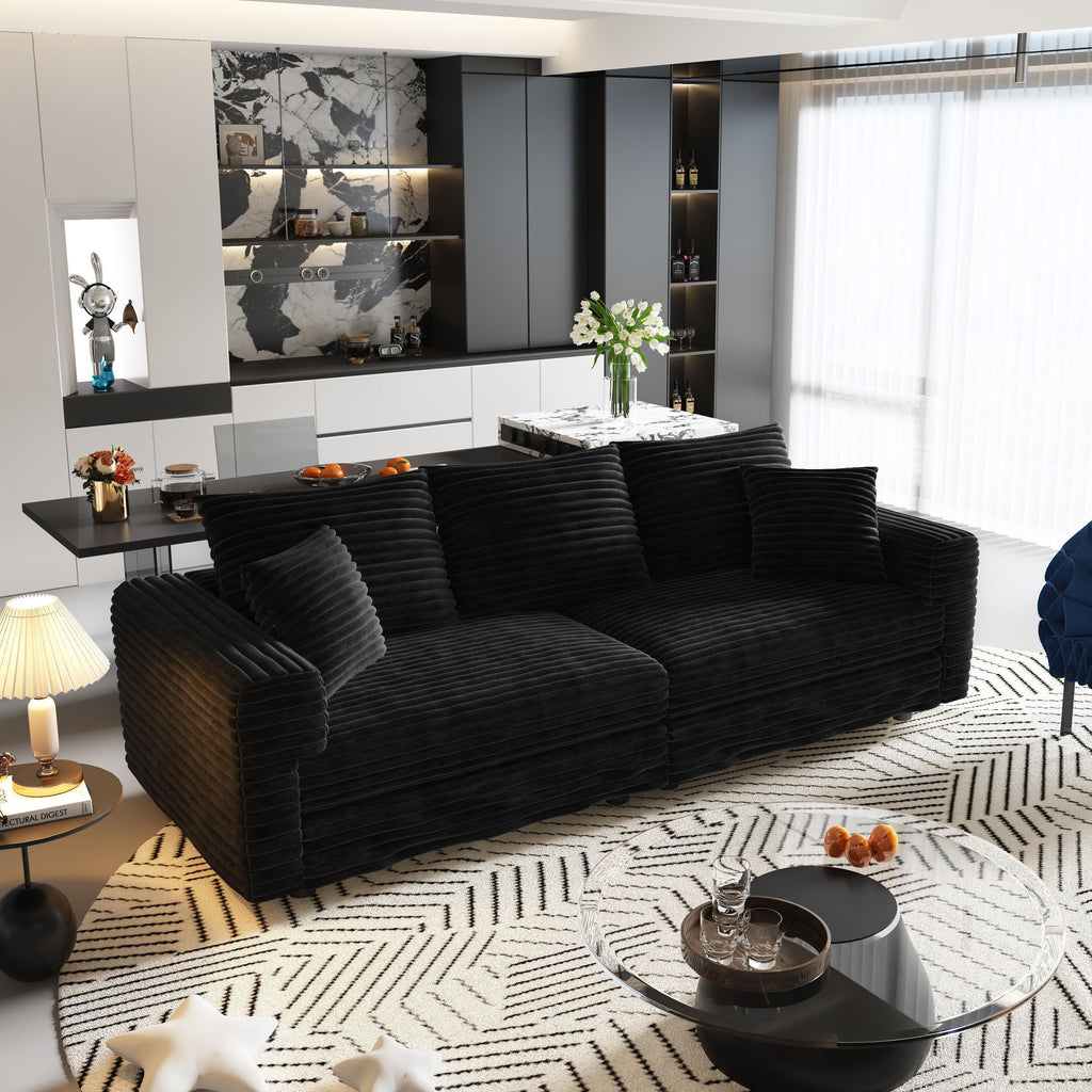 82.7 'Plush Corduroy 3-Seat Sofa,Modern Comfy Upholstered Sofa Cloud Couch,Deep Seat Couches with Soft Pillows and 3 Ottomans,Convertible Sofa Lounge Chair,Black - Eloy Royal