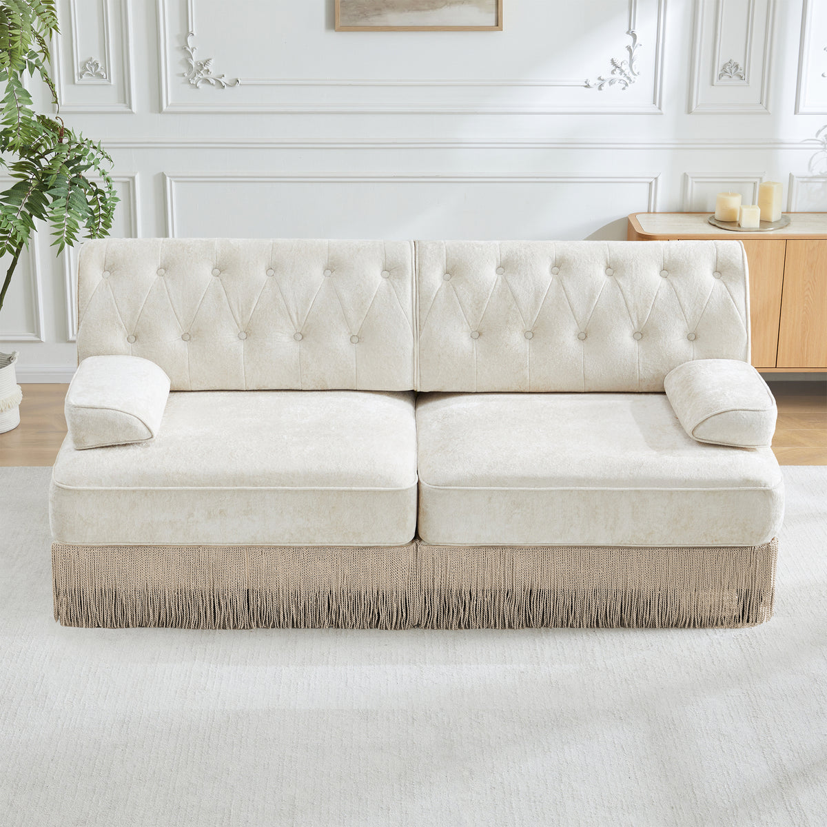 Soft Velvet Fabric Chesterfield Style Sofa,Button Tufted Design,Floor-grazing Tassel Fringe Skirt,Easy to Assemble,Free Combination,For Living Rooms Rest Areas Bedroom,Beige