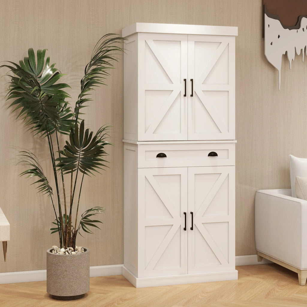 71' Kitchen Pantry Storage Cabinet with 4 Doors(2Doors with Racks),1 Drawer, 2 Adjustable Shelves, Freestanding Cupboard for Kitchen, Dining Room and Living Room-White - Eloy Royal