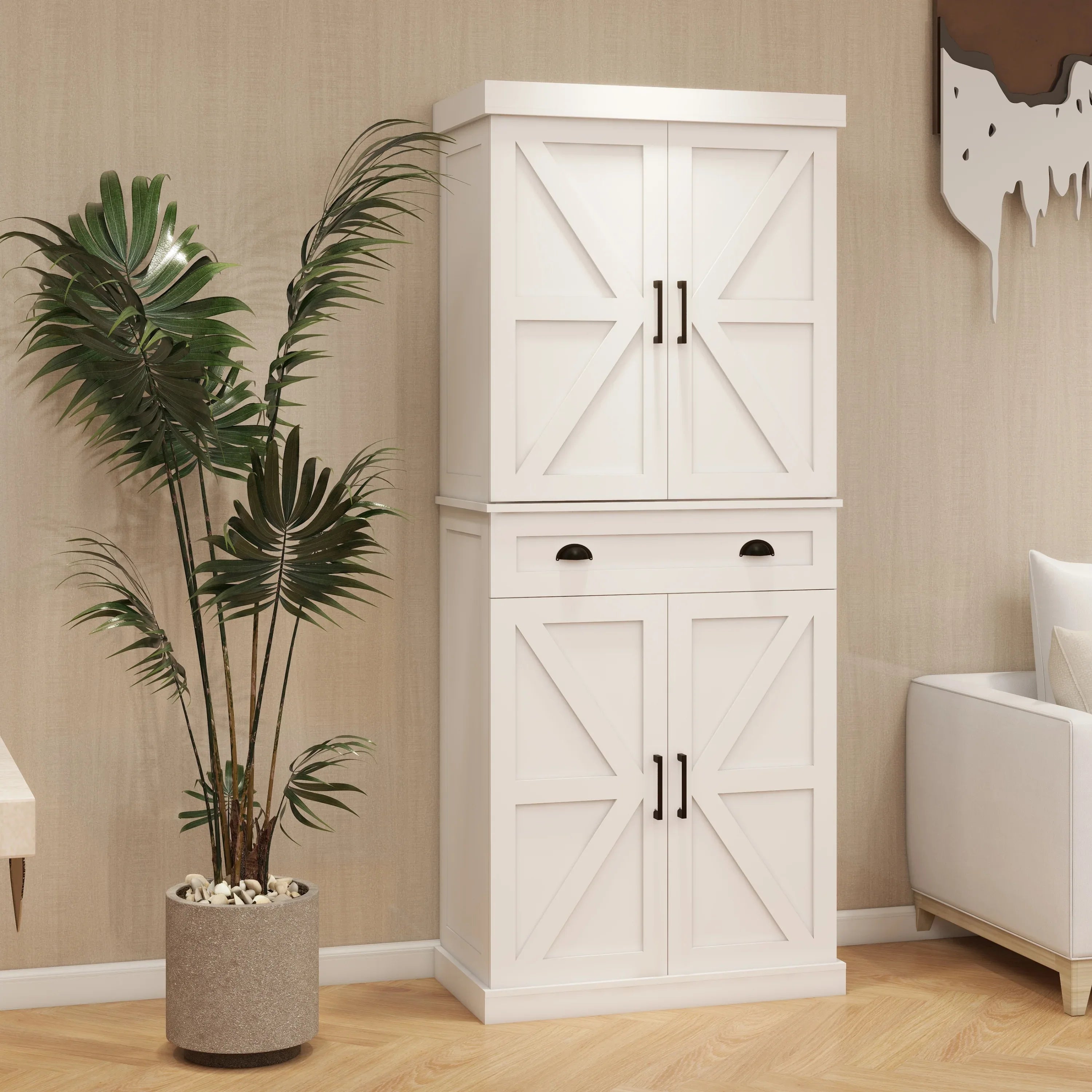 71' Kitchen Pantry Storage Cabinet with 4 Doors(2Doors with Racks),1 Drawer, 2 Adjustable Shelves, Freestanding Cupboard for Kitchen, Dining Room and Living Room-White - Eloy Royal