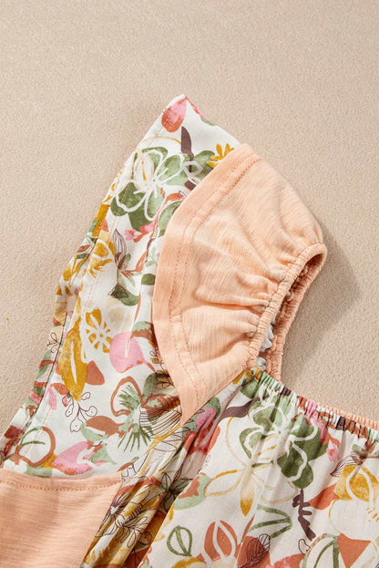 Apricot Pink Floral Print Square Neck Ruffle Sleeve Blouse