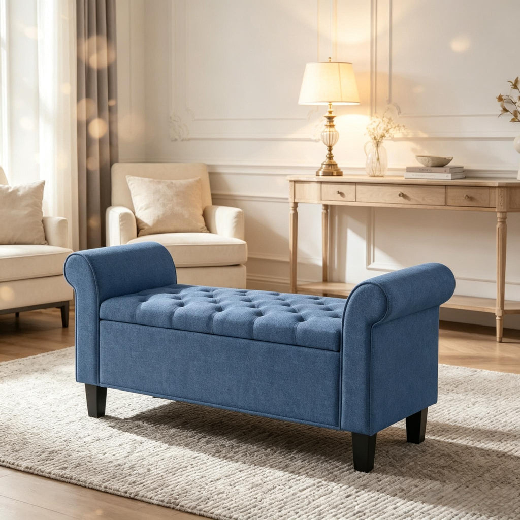 47' Tufted Storage Bench with Rolled Arms, Storage Ottoman Featuring Safety Hinge and Solid Wood Legs for End of Bed