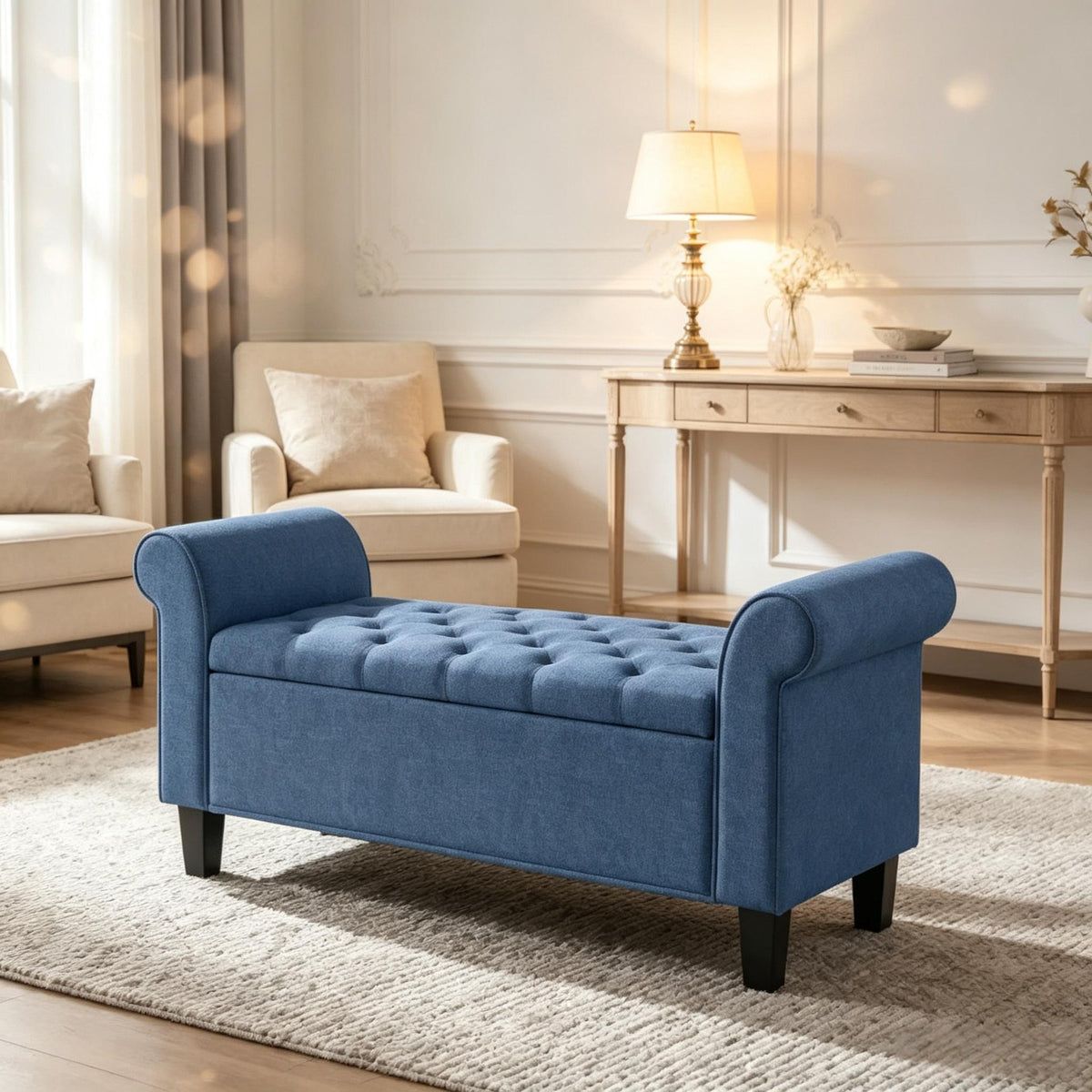 47' Tufted Storage Bench with Rolled Arms, Storage Ottoman Featuring Safety Hinge and Solid Wood Legs for End of Bed