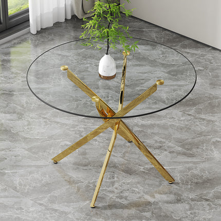 Modern minimalist style round transparent tempered glass table, tempered glass tabletop, metal table legs, suitable for kitchen, dining room and living room, suitable for most scenes.W1151P213471