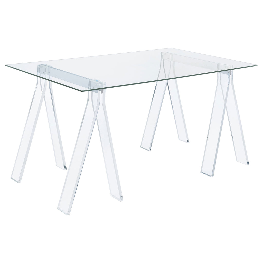 Roda Clear Glass Top Writing Desk with Acrylic Sawhorse Base in Clear Finish, 59-inch Modern Minimalist Workstation