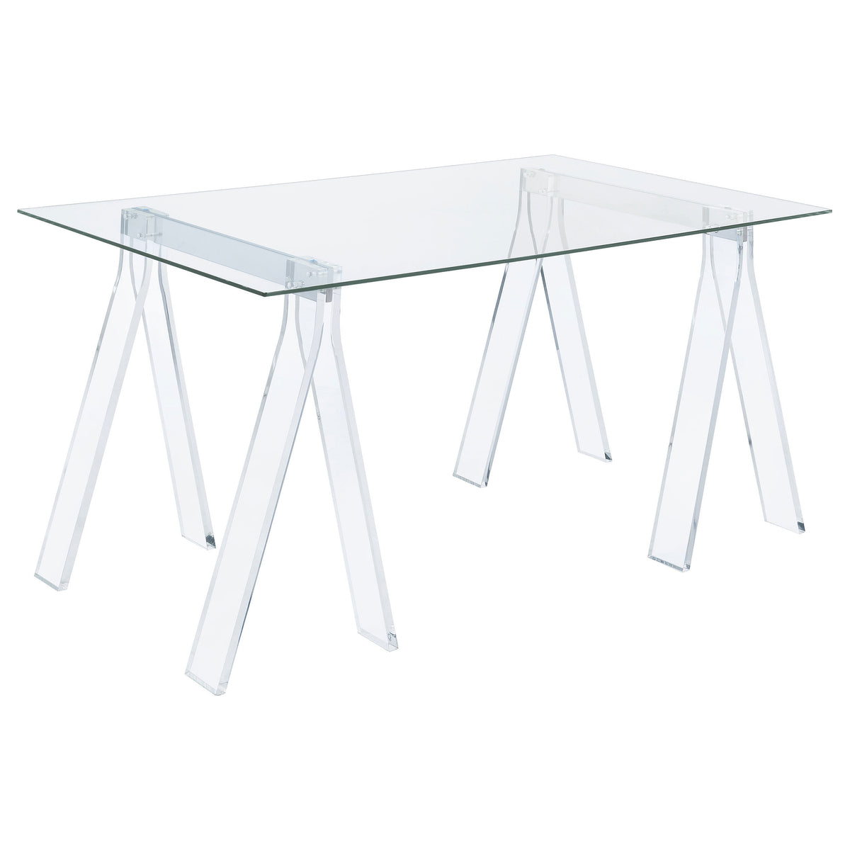 Roda Clear Glass Top Writing Desk with Acrylic Sawhorse Base in Clear Finish, 59-inch Modern Minimalist Workstation
