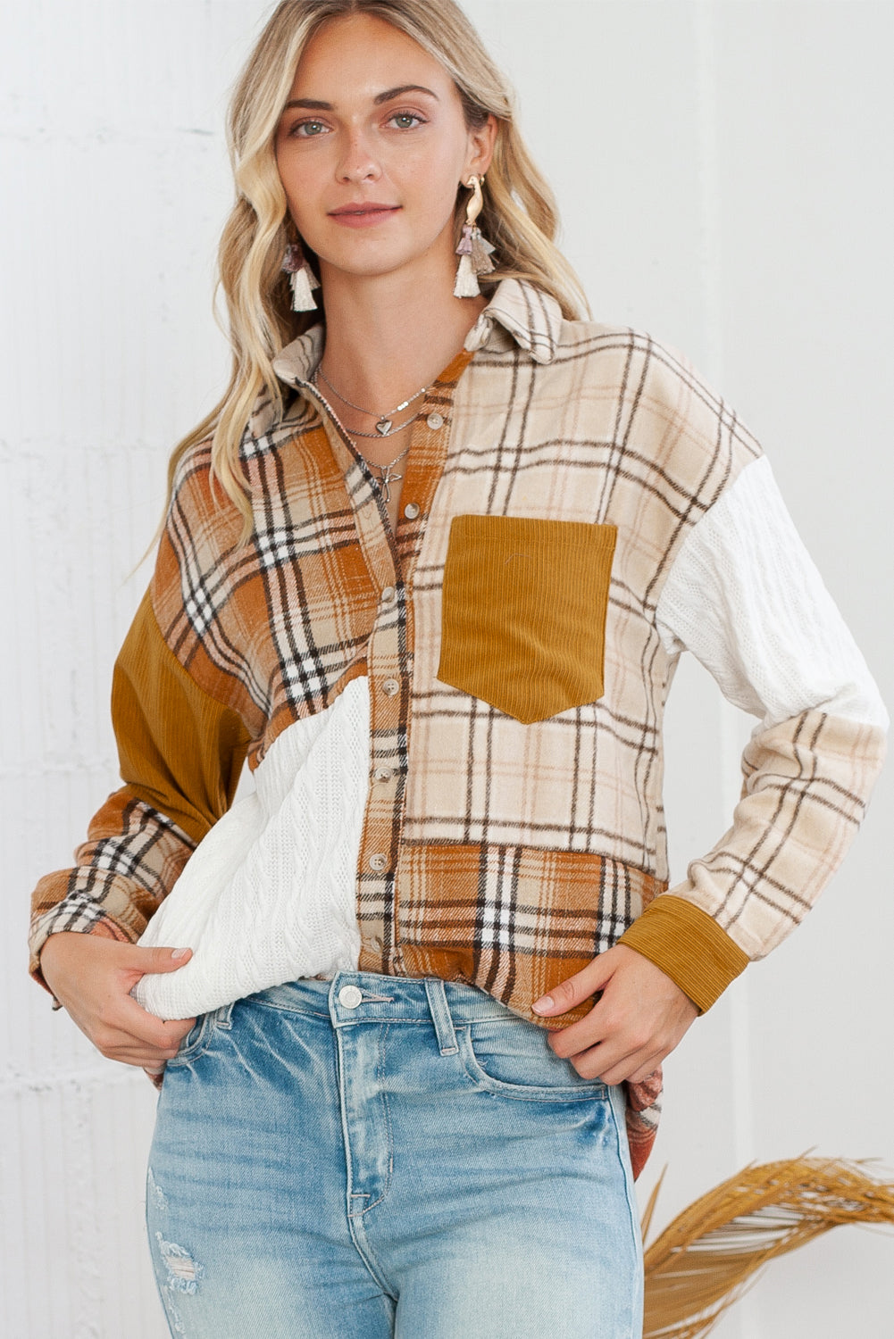 Wholesale Orange Plaid Color Block Patchwork Pocket Shirt Shacket - Eloy Royal